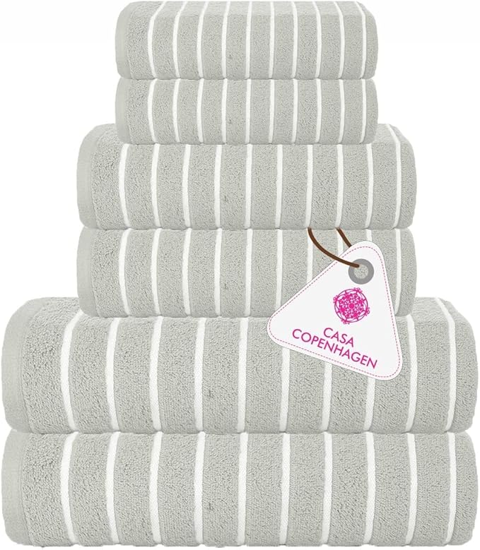 CASA COPENHAGEN Ecstatic 6Pcs 100% Egyptian Cotton Large Designer Towels Set- Grey Lilac, 600GSM, 2Bath 2Hand 2Washcloths, Bath Towels for Bathroom (Gift Set for Women & Men)
