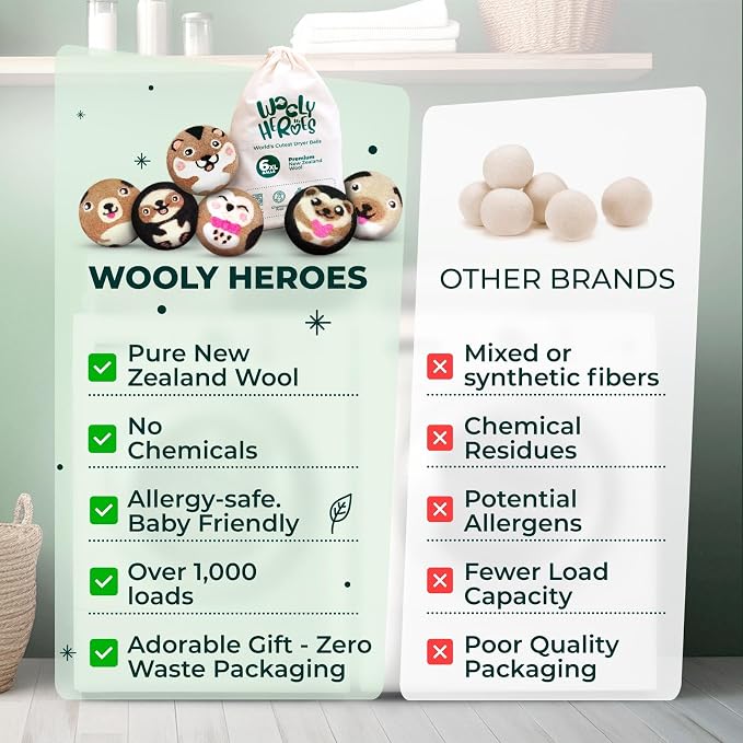 Chemical Free & Baby Safe! Reusable Wool Dryer Balls XL 6-Pack - Reduces Static, Cuts Dry Time, & Softens Naturally