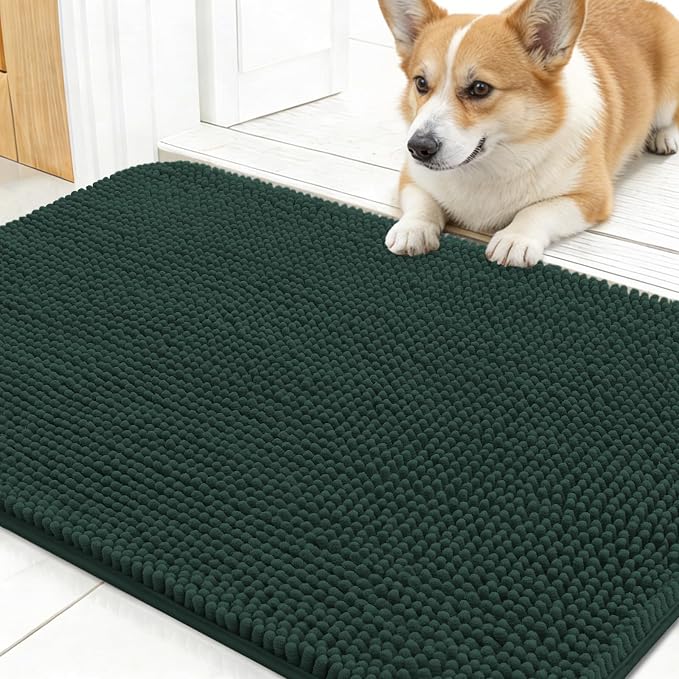 OLANLY Dog Door Mat for Muddy Paws 24x16, Absorbs Moisture and Dirt, Absorbent Non-Slip Washable Doormat, Quick Dry Chenille Mud Mat, Entry Indoor Entryway Carpet for Inside Floor, Blackish Green