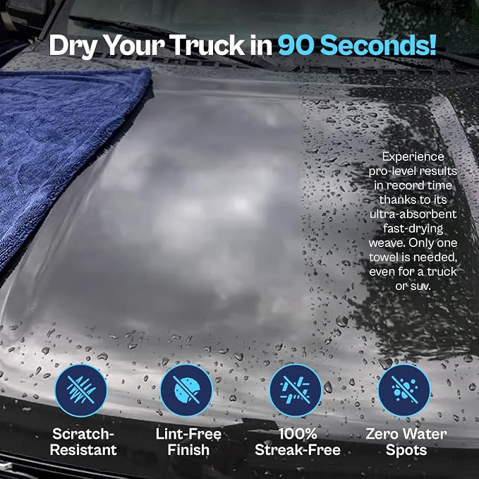 Captain's Car Care "The Kraken Drying Towel #1 Best and Largest Towel for Truck Detailing Streak Free, Massive 30x40 Inch Size, 1300 GSM Ultra Soft, Large Twisted-Loop Microfiber 70/30 Blend