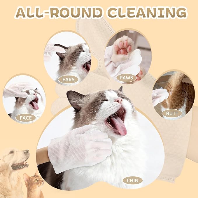 Pet Glove Wipes for Dogs & Cats, 7 Plant Extracts, Hypoallergenic Pet Cleaning Wipes, Dog Washing Gloves Extra Thick, Lick-Safe, Rinse Free for Grooming and Travel, 6PCS