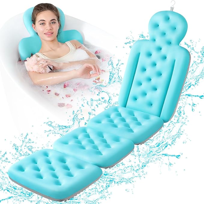 Luxury Bath Cushion, Full Body Bathtub Pillow with 160 Suction Cups, Bath Mat for Head and Neck Support, with Laundry Bag (Blue, 60" x 16")