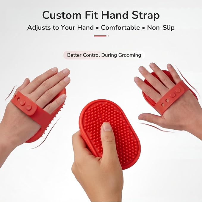 Pets&Goods Rubber Pet Grooming Brush for Dogs & Cats – Bath & Deshedding Brush with Custom-Fit Hand Straps – Soft Silicone Bristles for Short & Medium Hair – Anti-Slip, Easy to Clean