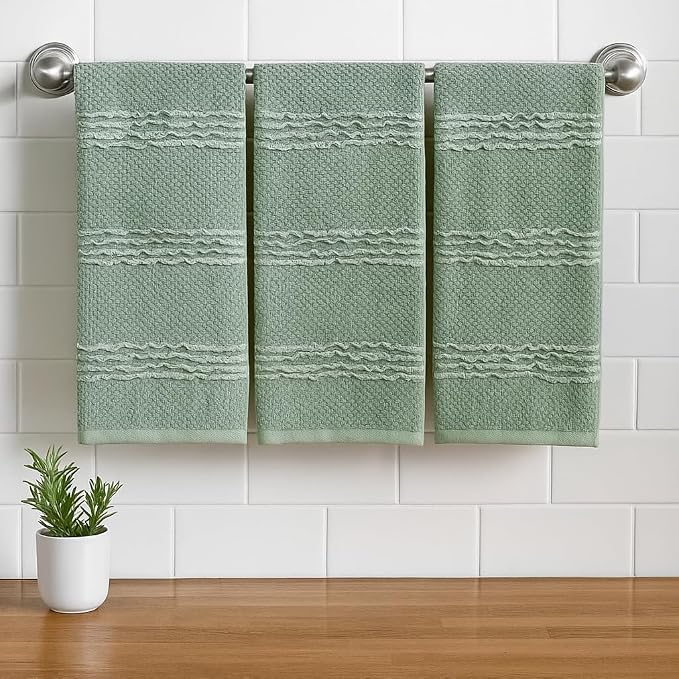 Sage Green Kitchen Dish Towels: 100% Cotton Cloth Soft Cleaning Drying Absorbent Textured Terry Loop, Set of 3 28" x 18" Multipurpose for Everyday Use