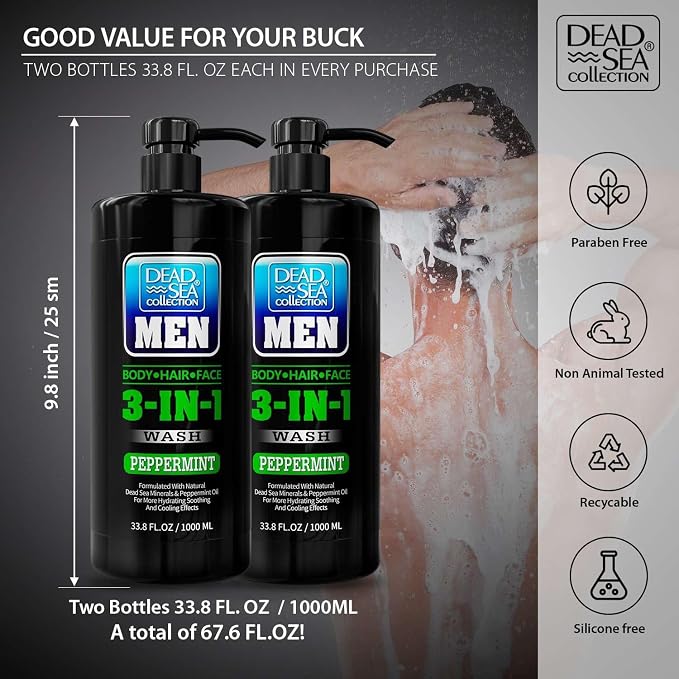 Dead Sea Collection Peppermint Men’s Body Wash – 3 in 1 Body Wash for Men for Hair, Face & Body – Moisturizing Shower Gel with Dead Sea Minerals – Pack of 2 (33.8 fl oz each)