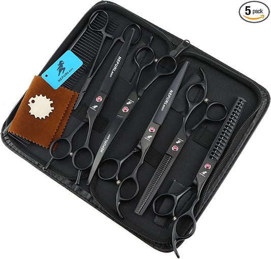 7.0-Inch Dog Grooming Scissors Set Pet Grooming Kit Fishbone Teeth Thinning Shears with Forceps Hairdressing Hair Styling Tool 5 Piece (Black)