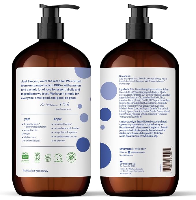 Everyone 3-in-1 Kids Soap, Body Wash, Bubble Bath, Shampoo, 32 Ounce (Pack of 2), Lavender Lullaby, made with Essential Oils for Toddlers, tweens and teens