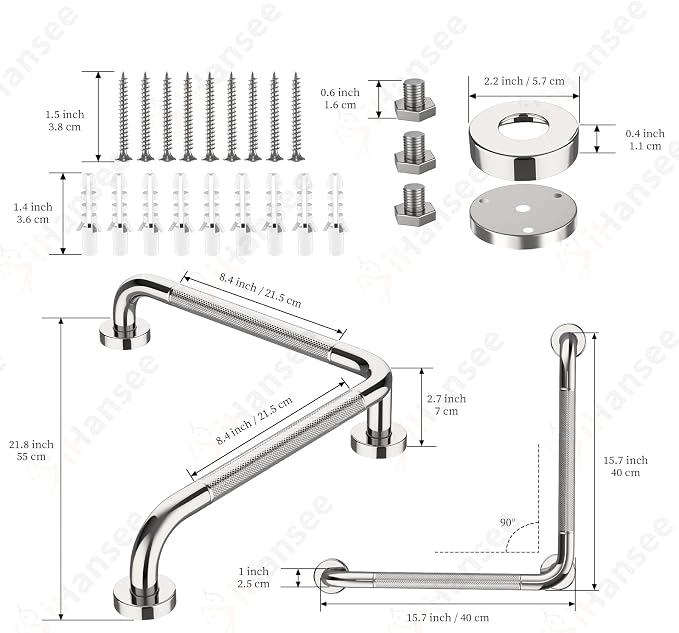 L-Shaped Angled Grab Bar 16x16 Inch Chrome Anti-slip Knurled Shower Handle Wall Mount, Stainless Steel Shower Bars Safety for Seniors Injured Balance Support, Handicap Grab Bars for Bathtubs & Showers