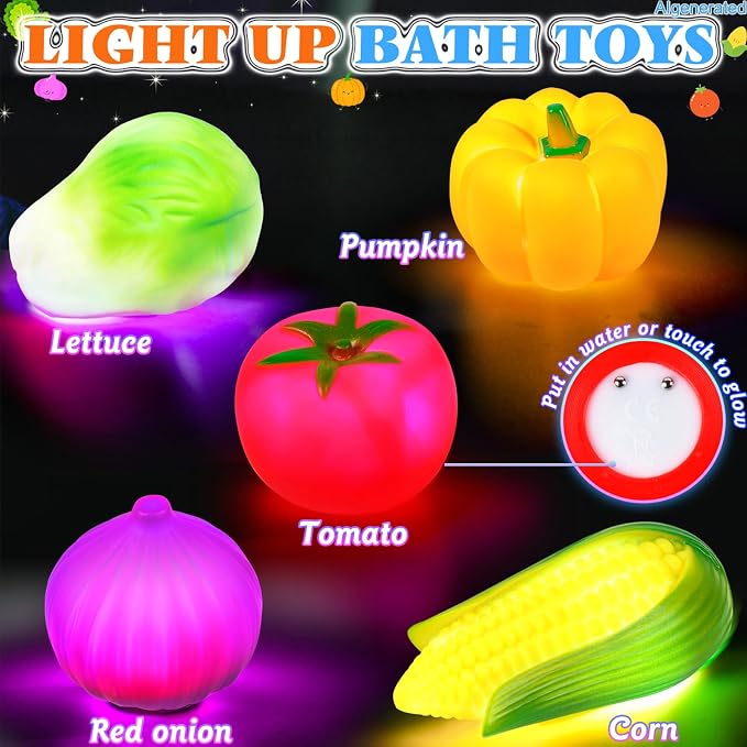 TSDATOWR Light Up Bath Toys, No Hole Vegetable Soup Set for Toddlers | LED Pretend Cooking Playset for Kids Ages 3-5 With Slotted Spoon, Soup Pot and Mesh Bag for Bathtub, Pool, or Beach