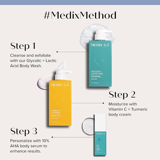 MEDIX Anti Aging Skin Care 3PC Set | Exfoliating AHA Glycolic Acid Foaming Face & Body Wash + Vitamin C Body Cream + 10% AHA Exfoliating Serum For KP Bumps, 3pc Skincare Set