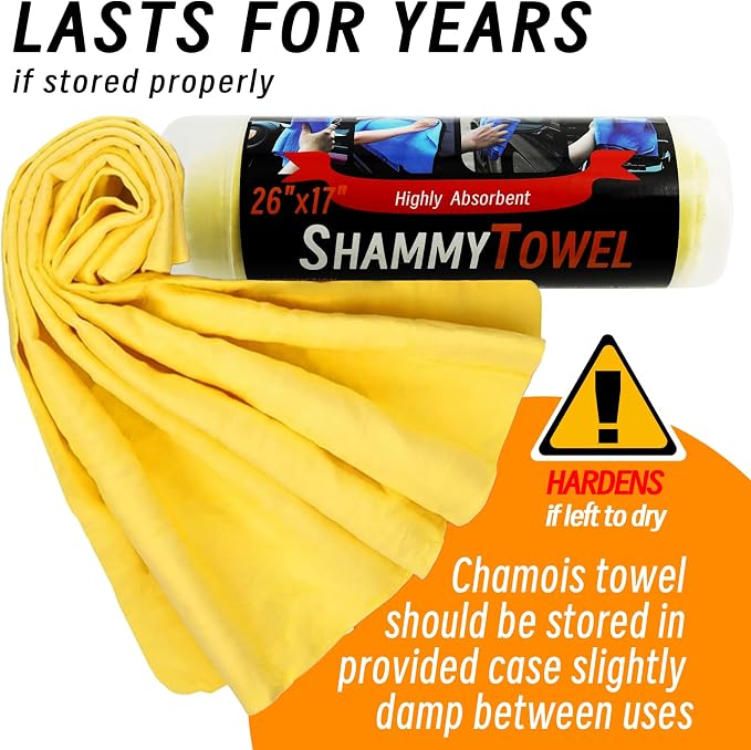 Premium Shammy Cloth for Car Drying - 2 Pack (26”x17”) - Super Absorbent Synthetic Chamois Bathroom,Pets, Dust Remove,- Reusable Non-Scratch Vehicle Dry Towel (Yellow)