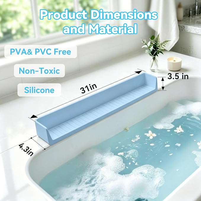 Bathtub Splash Guard with Suction Cups, Silicone Bath Tub Side Tray, Toy Holder Shelf for Bathroom Storage and Water Spill Prevention (Blue)
