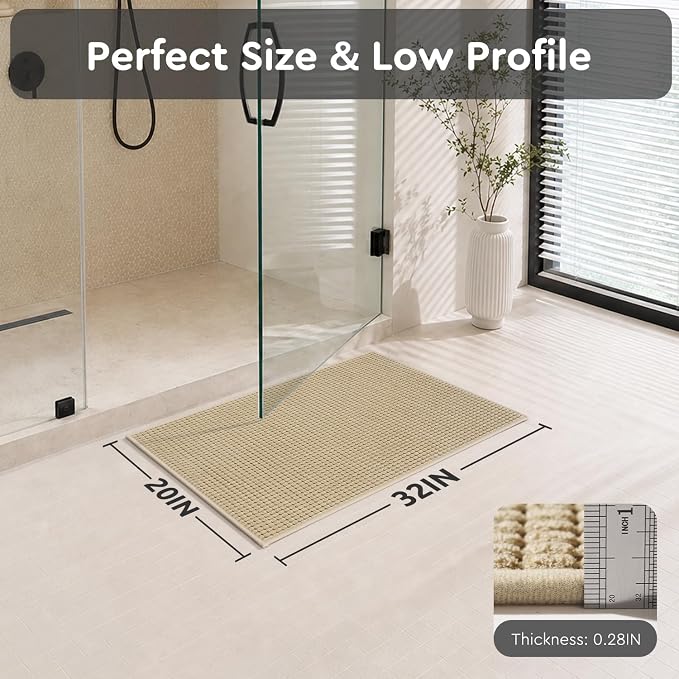 tchdio Bathroom Rugs, Absorbent Quick Dry Thin Bath Mat, Non Slip Washable Bath Rugs with Solid Rubber Backing, Low Profile Bath Mats for Bathroom, Beige, 20" x 32"