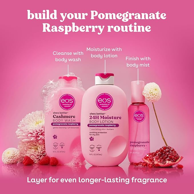 eos Cashmere Body Wash – Pomegranate Raspberry, Moisturizing Body Wash, Creamy Gel Formula, with Shea Butter, Glycerin, Vitamin E, pH Balanced, Sensitive Skin, Vegan, 16 fl oz