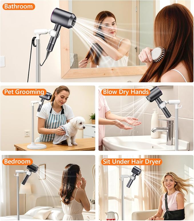 Hair Dryer Stand Hands Free, 360° Rotation White | Anti-Slip Stable Base, Aluminum Alloy, Adjustable Height 17-51 Inch, For Families & Pet Grooming
