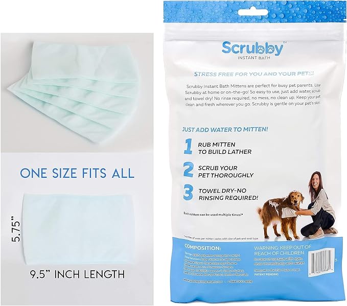 Scrubby Pet No Rinse Wipes | Rinse Free Shampoo Mittens | Dogs and Cats | Bath Wipes - Bathing & Washing Pets, Hypoallergenic | No Rinse Wash Mitt | Grooming, Lather Wipe Dry - Pack of 5