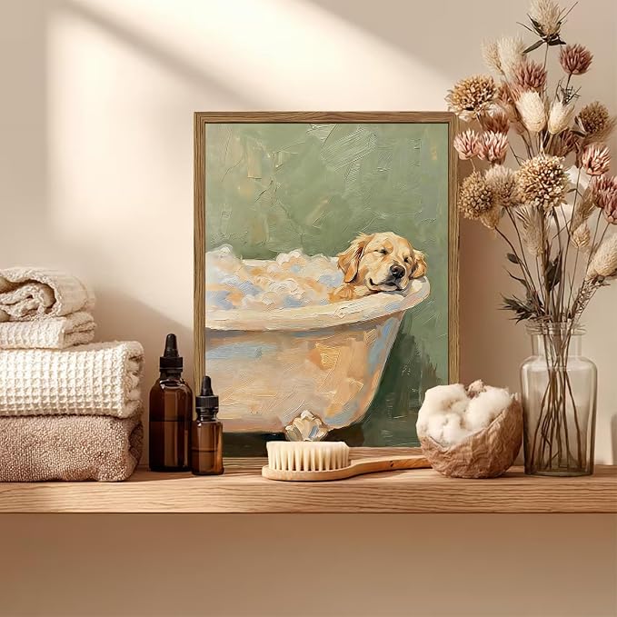 Funny Dog Bathroom Wall Art Cute Golden Retriever in Bathtub Wall Decor Picture Whimsical Bathroom Dog Poster Canvas Painting Print 12x16 inch Wood Framed
