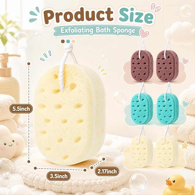 FoldTier 6 Pcs Exfoliating Bath Sponge Body Loofah Sponges for Shower Women Reusable Soft Bathing Pouf Foam Lufa Body Scrubber and Rich Lather, Color Matching (Coffee Brown,Cyan,Beige)