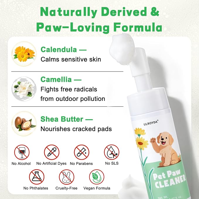 Dog Paw Cleaner No-Rinse Foam, 5-in-1 Paw Washer with Soft Silicone Brush - Removes Mud Dirt & Odor, Moisturizes & Soothes Dry Cracked Paws, pH-Balanced Hypoallergenic for Dogs & Cats, 5.07oz