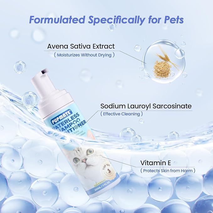 Waterless Cat Shampoo with Cat Brush - No Rinse Foam Dry Shampoo | Deep Cleansing Relieves Itchy Skin & Shedding | Gentle, pH-Balanced for Kittens Sensitive Skin | 2 Shampoo*1 Brush