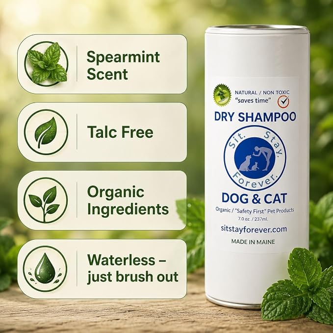Sit Stay Forever Dry Shampoo for Dogs & Cats – Organic Dry Powder, Waterless No-Rinse, Lick-Safe, Talc-Free, Talco para Perros, Hypoallergenic Odor & Itch Relief, Safe for Puppies & Kittens, USA 28 oz