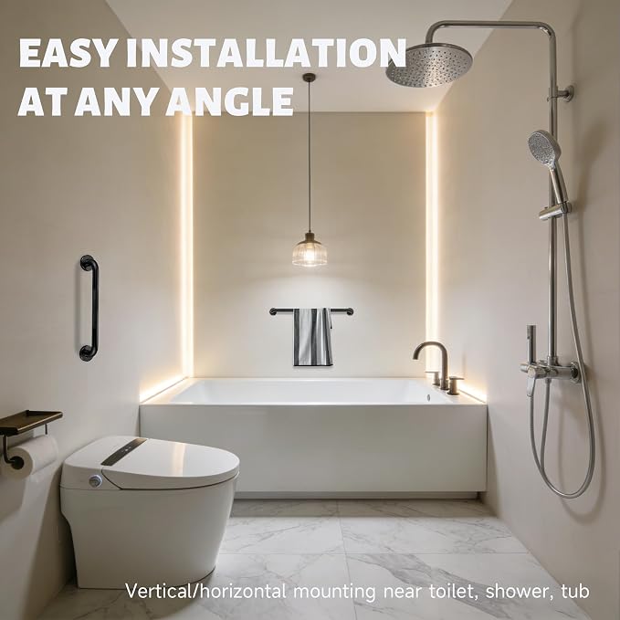 12 Inch Shower Grab Bar 1.25" Dia, 2 Pack Black Anti Slip Bathroom Grab Bar, 304 Stainless Steel Knurled Handicap Grab Bars, Safety Support Handrail,Bath Shower Handle for Elderly Injury Senior