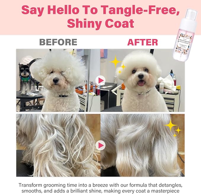 Dog Detangler & Dematting Spray - Leave-in Conditioner, Classic Powdery Scent | Infused with Coconut Oil, Jojoba Oil, and Squalane for Easy, Tangle-Free Grooming - 3.38 fl. oz