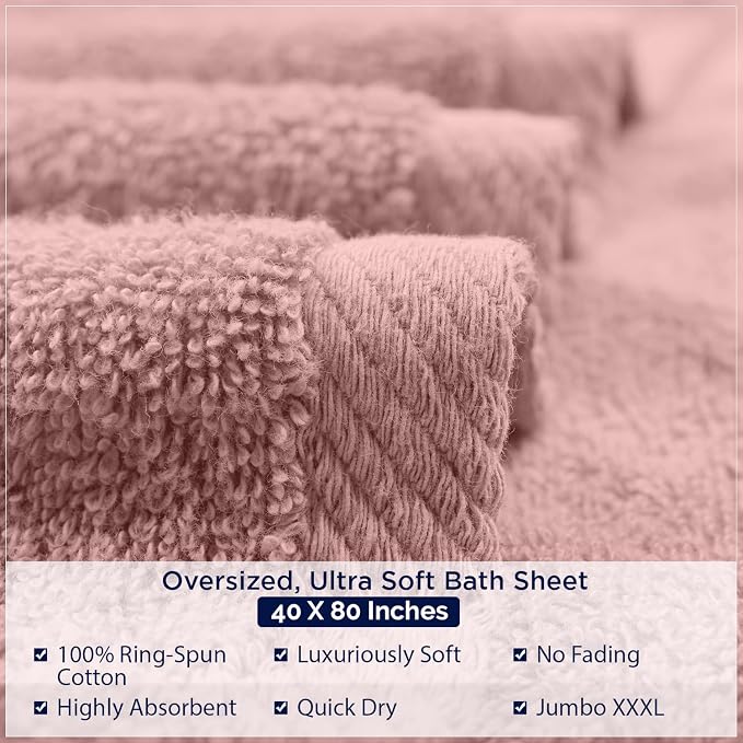 DAN RIVER Pack of 1 Jumbo Bath Sheet 40x80 Inches, Oversized Towels for Adults, Quick Dry Plush Bath Towels - Dusty Rose