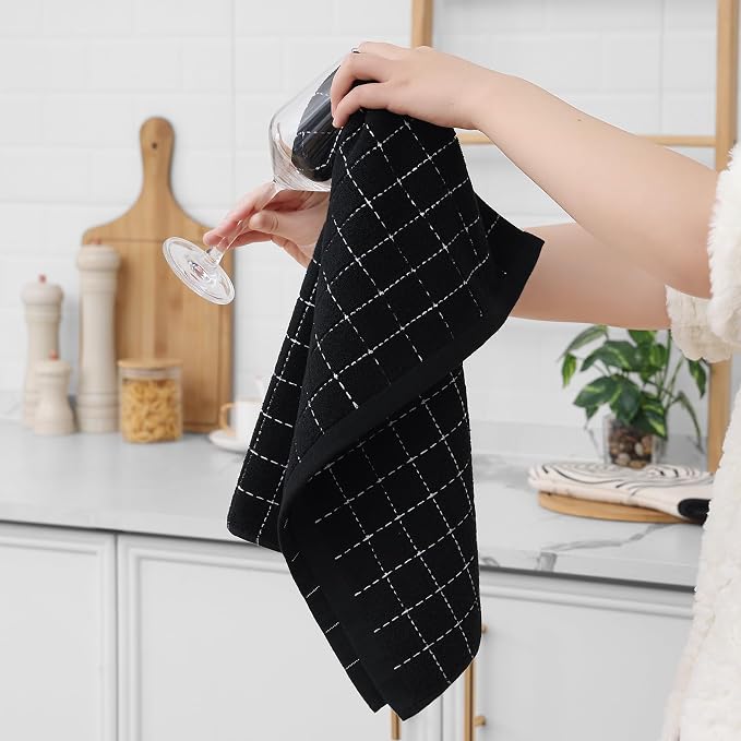 Homaxy 100% Cotton Terry Kitchen Towels(Black, 20 x 28 inches), Checkered Designed, Soft and Super Absorbent Dish Towels, Large 6 Pack