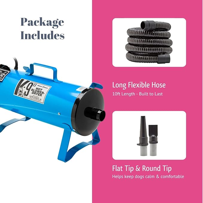 Electric Cleaner Company K9 II Dog Blow Dryer - High Power Grooming Dryer, Heavy Duty, 10' Hose, Deshedding, Matte Black