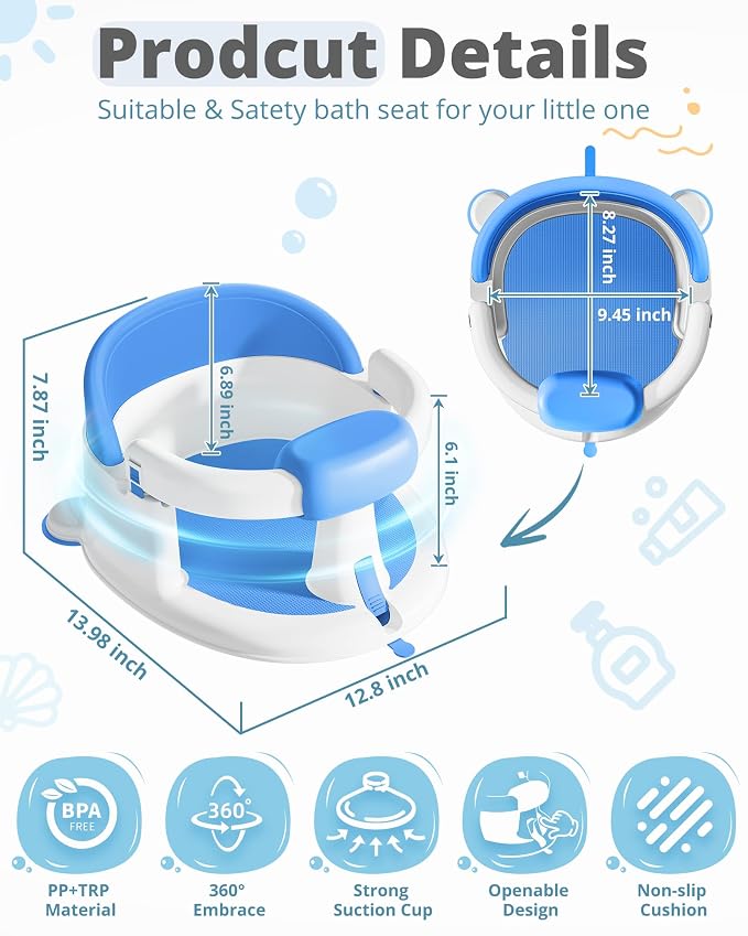 ONTHEWEI Baby Bath Seats for Babies Sitting Up, Non-Slip Baby Bathtub with 3 Suction Cups, Safe & Comfortable Toddler Bath Seat Ideal for Baby Bath/Shower Support, Stable Design, Blue (6-24 Months)