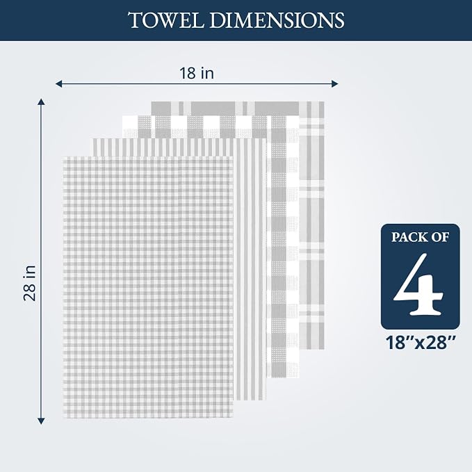 LANE LINEN Cotton Kitchen Towels Set, 4-Pack – Absorbent, Quick-Drying Dish Towels, Tea Towels, 18" x 28" - Slate Grey