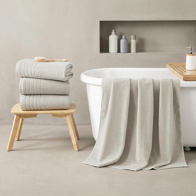 REDKISS 2 Pack Extra Large 35x70 Inch Cotton Bath Towels, Light Gray | 100% thick cotton, ultra soft & absorbent, quick dry light gray towels for bathroom, gym, spa, pool, hotel