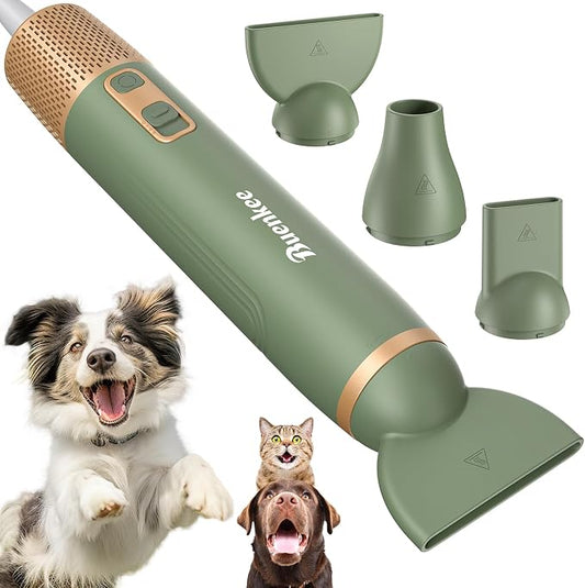 buenkee Dog Blow Dryer for Pet Grooming Handheld Lightweight Dog Cat Hair Dryer 3 Speeds 4 Temp, Portable 3HP High Velocity Pet Blower Quiet Dryer for Travel Campaign Home, with 3 Nozzles, Green