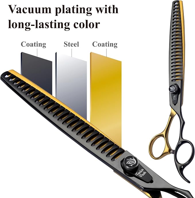 8'' Black and Gold Two-color Dog Grooming Scissors Set Straight Thinning Curved and Chunker Shears 4PCS Set with Pattern Screw and Ergonomic Offest Handle 440C Sharp and Durable