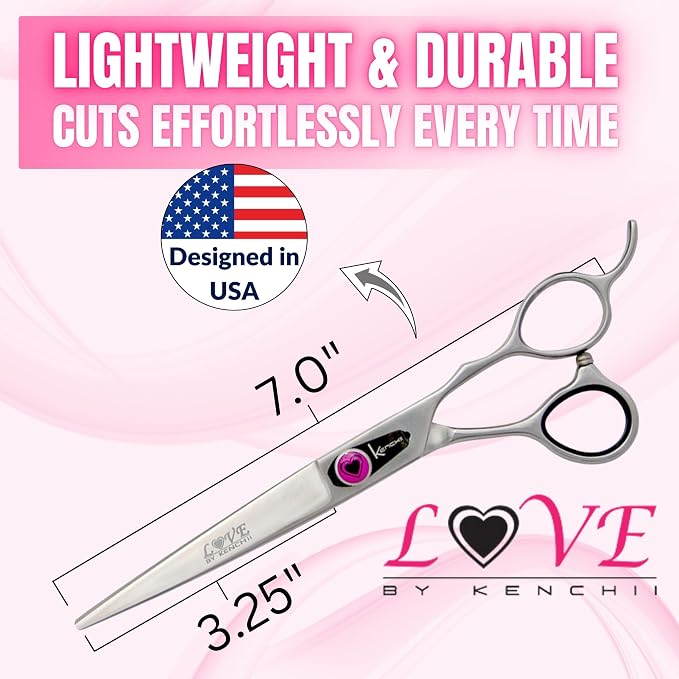 Kenchii Love Dog Grooming Scissors, 7 Inch Straight Shears, Dog Scissors for Grooming, Professional Pet Grooming Scissors, Heavy Duty, Durable and Sharp