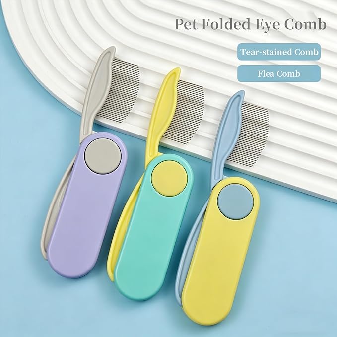Foldable Dual-Head Tear Stain Remover Eye Comb for Small Dogs Cats Hamsters Grooming Tool, Fit Yorkie, Shih Tzu, Maltese, Poodle, Cockapoo ， Puppy Essentials, Flea Brush (Yellow)
