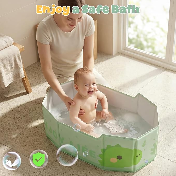 Orzbow Collapsible Baby Bathtub with Temperature Sticker, Portable Toddler Bathtub with Side Drain Plug, Travel Baby Bath Tub for 6 Months+, Easy to Clean, Stable & Durable, Folds to Store, Green