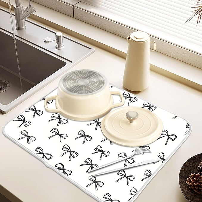Black Bow Pattern Dish Drying Mat, Absorbent Drainer Mats for Kitchen Counter Coffee Maker 24"x18"