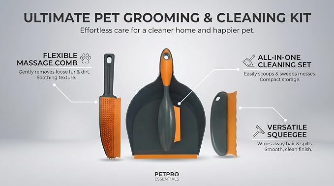 Paws & Co. Pet Hair Remover for Dogs Cats - 4-in-1 Cleaning Kit with Grooming Brush, Massage Comb & Dustpan - Fur Cleaner for Furniture, Carpet, Car, Sofa