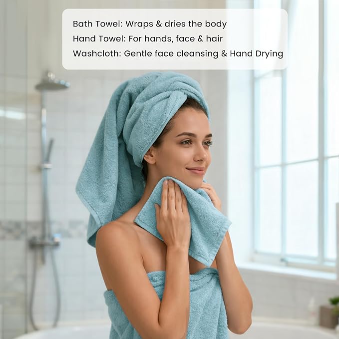 SEMAXE 8-Piece Cotton Bath Towel Set with Hanging Loops for Bathroom, Blue | Complete starter set for daily showers, sink-side use, small bathrooms, and guest baths, OEKO-TEX certified, easy care
