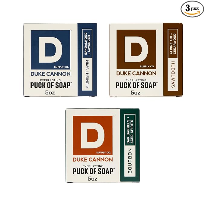 Duke Cannon Supply Co. Men's Bar Soap Puck 3-Pack Bundle – Midnight Swim, Sawtooth & Bourbon Scents – Triple-Milled Hydrating Disc-Shaped Soap for Men, 5 oz Each