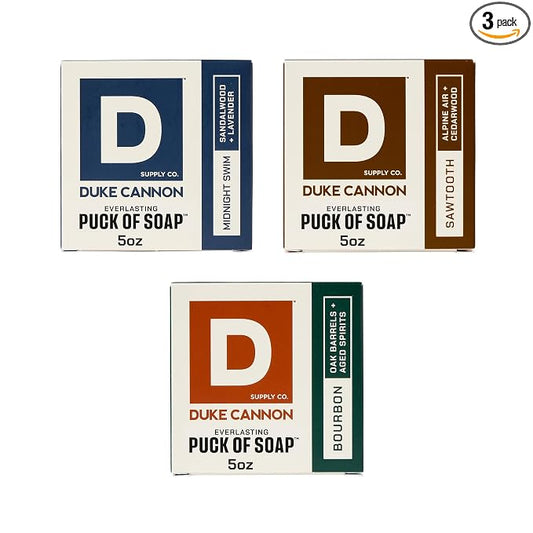 Duke Cannon Supply Co. Men's Bar Soap Puck 3-Pack Bundle – Midnight Swim, Sawtooth & Bourbon Scents – Triple-Milled Hydrating Disc-Shaped Soap for Men, 5 oz Each