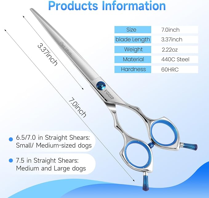 Straight Dog Grooming Scissors 7 in Dog Hair Scissor Trimming Dogs Pet Cat Shears Japan 440C Symmetric Handle Easy for Cutting Body Leg Hairs(7.0)