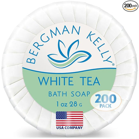 BERGMAN KELLY - Hotel Soap Bars - White Tea, 1 oz, 200 PK - Travel Size Luxury Bulk Amenities Bar Soap - Mini Individually Wrapped Round Soap - Small Toiletries for Airbnb, Motel, Guest Bathroom