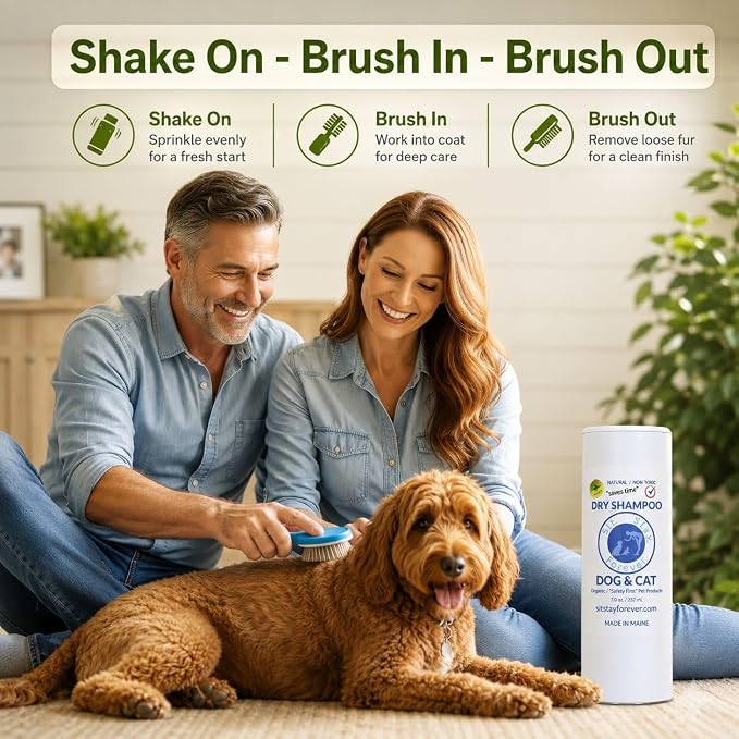 Sit Stay Forever Dry Shampoo for Dogs & Cats – Organic Dry Powder, Waterless No-Rinse, Lick-Safe, Talc-Free, Talco para Perros, Hypoallergenic Odor & Itch Relief, Safe for Puppies & Kittens, USA 28 oz