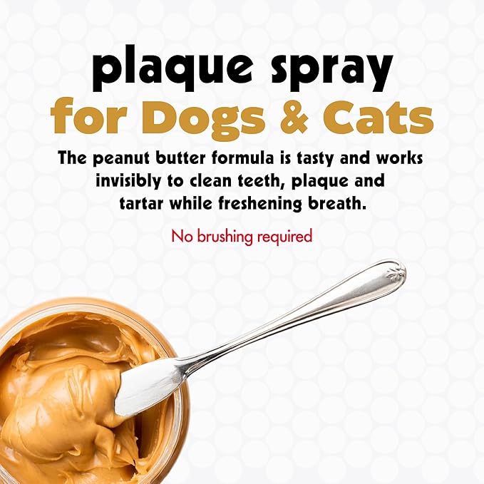 Petkin Plaque Spray, Peanut Butter, 4 Fl Oz - Cleans Teeth & Gums, Removes Plaque & Tartar, Freshens Breath & Whitens Teeth with Baking Soda - Ideal Cat & Dog Dental Spray with No Brushing or Rinsing