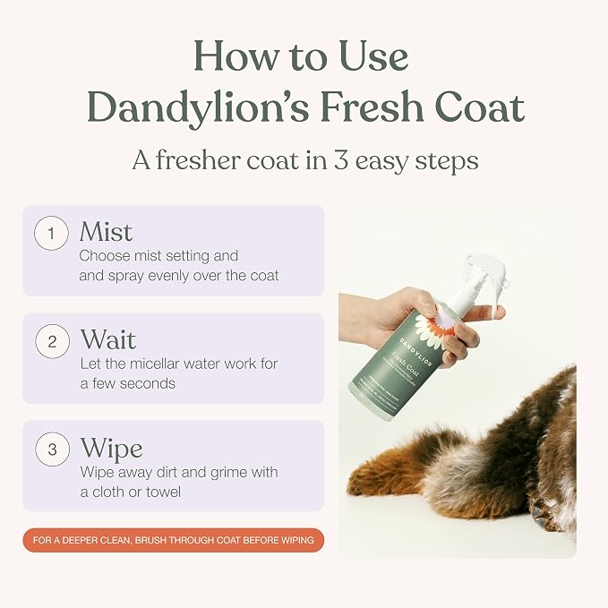 Dandylion Waterless Dog Shampoo, Fresh Coat, Dog Dry Shampoo, Dry Shampoo for Dogs, No Rinse Fragrance Free Cleansing Spray, Waterless Shampoo for Dogs, Dry Shampoo Alternative, 8.4 fl oz