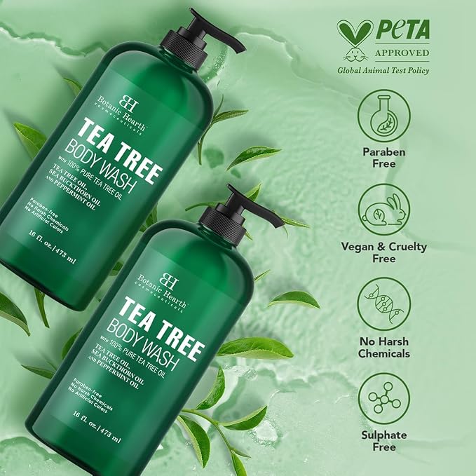 Botanic Hearth Tea Tree Body Wash, 16 Fl Oz (473 ml) Pack of 2 | With Tea Tree Oil, Peppermint & Sea Buckthorn | Gently Cleanses, Refreshes & Nourishes Skin | Sulfate & Paraben Free | For Men & Women