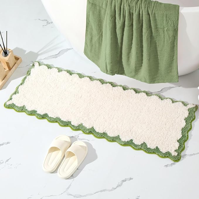 ORTIGIA Long Cute Scalloped Bathroom Rugs Runner, Fun White and Green Plush Microfiber Scallop Bath Mats Non Slip Washable Quick Dry Absorbent, Rug Carpet for Bathtub Sink Laundry Room Bedroom, 17x47